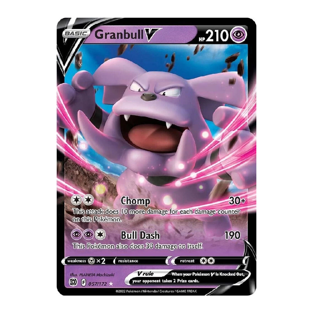 A single Pokémon trading card featuring Granbull V, a purple bird-like Pokémon, with attack text including Chomp and Bull Dash, shown on a plain white background.