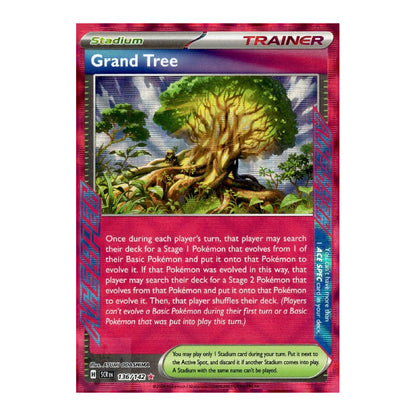 A single Pokémon trading card for Grand Tree from the Stadium set, featuring a red border, colorful forest artwork, and text detailing its effects.