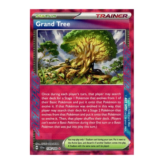 A single Pokémon trading card for Grand Tree from the Stadium set, featuring a red border, colorful forest artwork, and text detailing its effects.