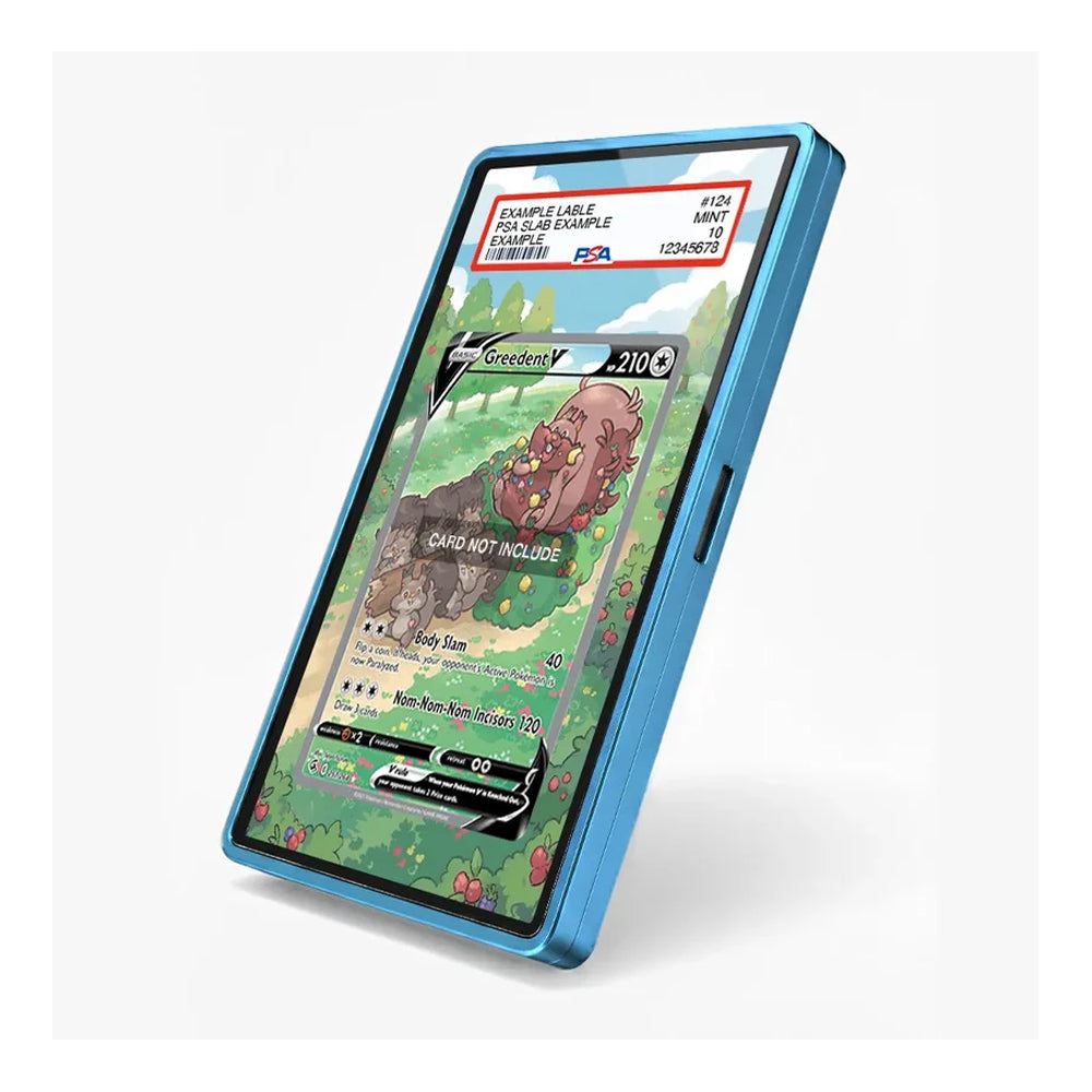 A blue protective phone case with a built-in screen protector, shown on a smartphone displaying a Pokémon card game screen. The case has a metallic blue finish and a side button cutout, photographed on a clean white background.