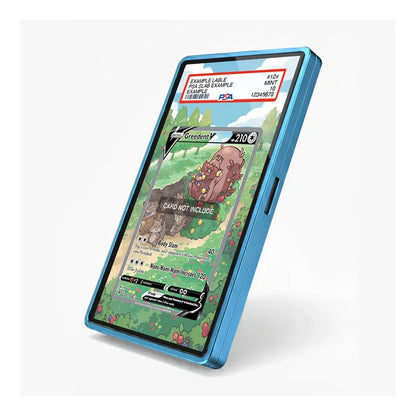 A blue protective phone case with a built-in screen protector, shown on a smartphone displaying a Pokémon card game screen. The case has a metallic blue finish and a side button cutout, photographed on a clean white background.