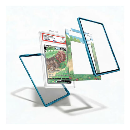 A clear acrylic display card holder with a translucent blue border, shown in multiple angles with a graded Pokémon card inside and a sample card back design visible on a clean white background.