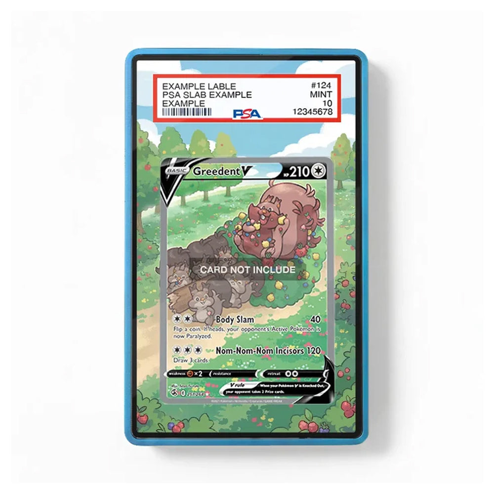 A PSA graded sample trading card slab showing a Pokéball card with a green landscape illustration and a blue slab border, photographed on a plain white background.