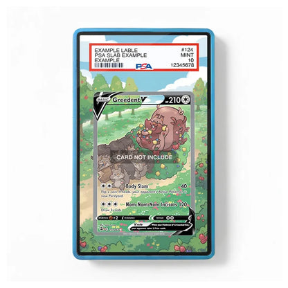 A PSA graded sample trading card slab showing a Pokéball card with a green landscape illustration and a blue slab border, photographed on a plain white background.
