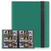 Green trading card album with black binding holding various sports trading cards on a white background