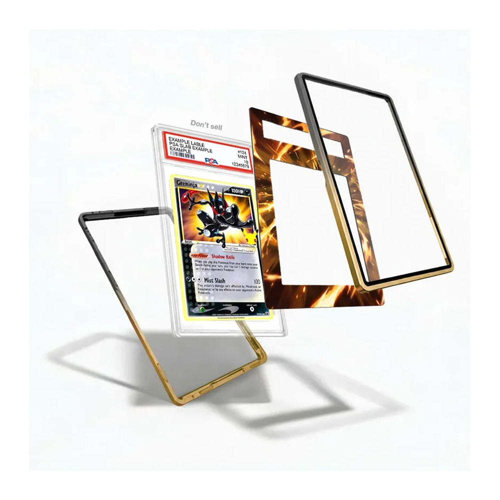 Custom protective phone cases shown in three color options: a black case, a gold case, and a marbled gold/brown case. The black case is shown holding a graded Pokémon TCG card, demonstrating how the case fits and protects the phone.