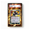 A rectangular display card or frame holding a Pokémon TCG card featuring Greninja, shown against a white background. The card has a fiery orange and black border and includes a PSA grading label at the top.