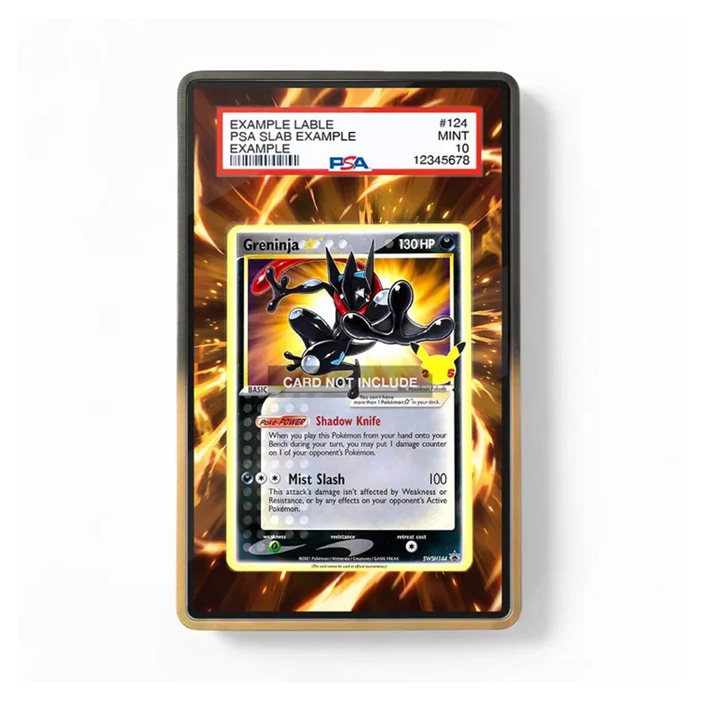 A rectangular display card or frame holding a Pokémon TCG card featuring Greninja, shown against a white background. The card has a fiery orange and black border and includes a PSA grading label at the top.