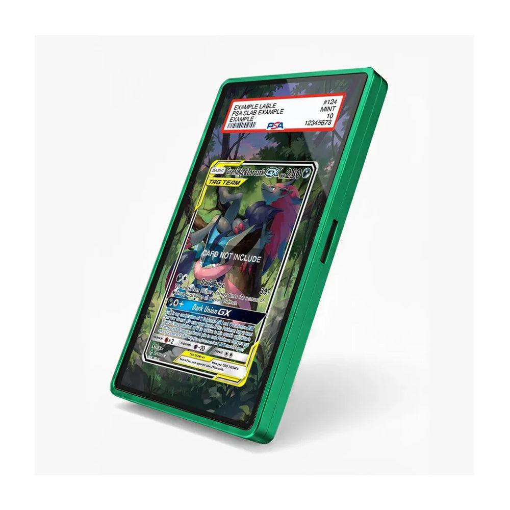 A green protective screen protector case shown on a smartphone, displaying a Pokémon trading card on the screen. The case has a metallic green border and a black side button.