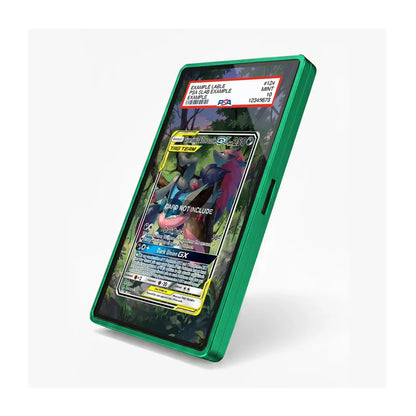 A green protective screen protector case shown on a smartphone, displaying a Pokémon trading card on the screen. The case has a metallic green border and a black side button.