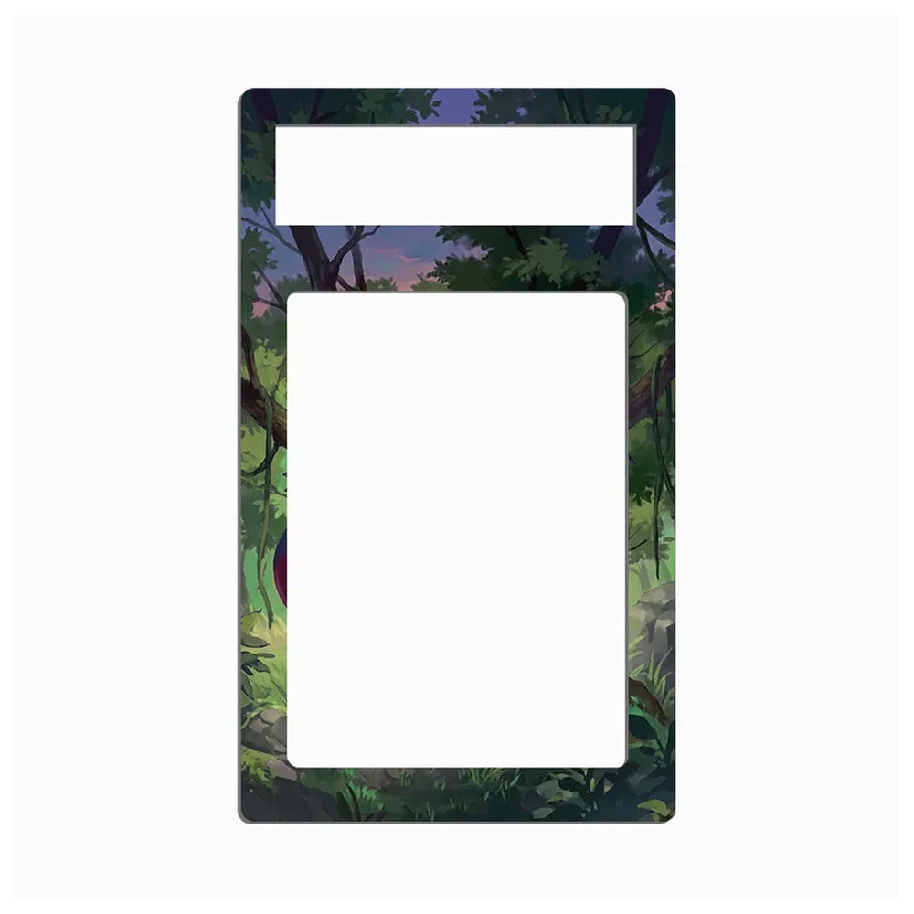 A decorative picture frame with a dark forest illustration border, featuring a small rectangular cutout at the top and a larger vertical cutout in the center, shown on a plain white background.