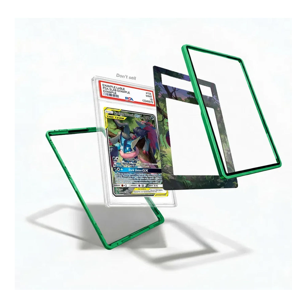 Three clear acrylic card sleeves with green borders are shown floating against a white background, with one sleeve holding a graded Pokémon TCG card and the others displayed empty.