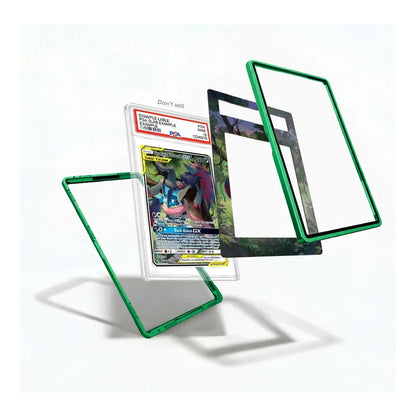 Three clear acrylic card sleeves with green borders are shown floating against a white background, with one sleeve holding a graded Pokémon TCG card and the others displayed empty.