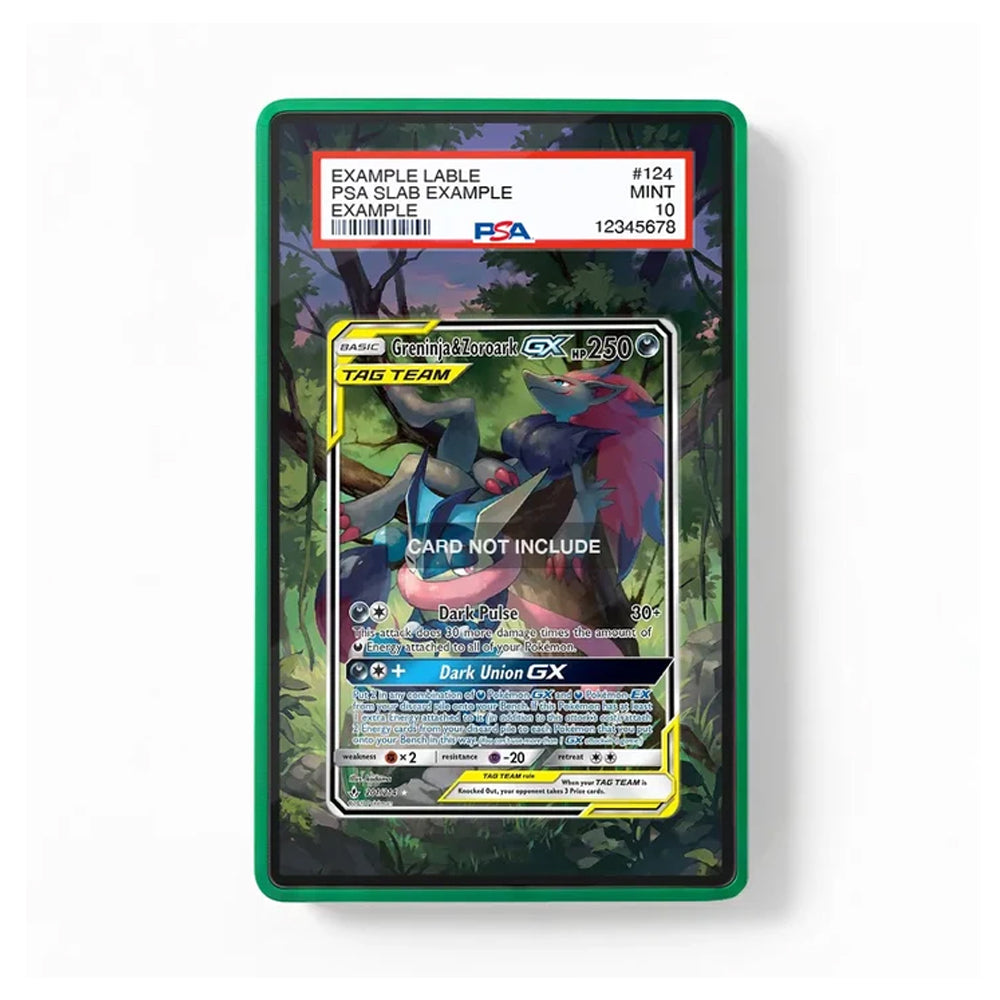 A PSA graded protective card case containing a Pokémon TCG card, shown against a plain white background. The green-bordered case has a PSA slab label on the front with grading details, and the inner card features Dark Evolution GX artwork.
