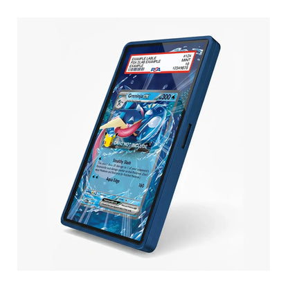 A blue protective case for a smartphone, shown standing upright on a light gray background. The screen of the phone inside displays a colorful Pokémon trading card design as a demo of the case's transparency and scratch-resistant coating.