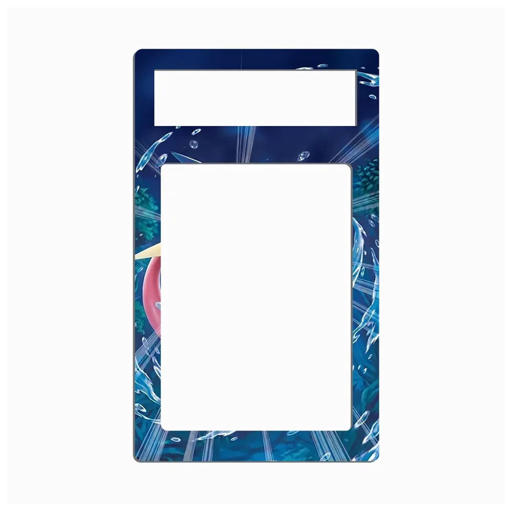 A rectangular decorative frame or plate with a large blank white center and a smaller blank white top section, surrounded by a blue abstract printed border featuring light rays, geometric lines, and a small pink shape.