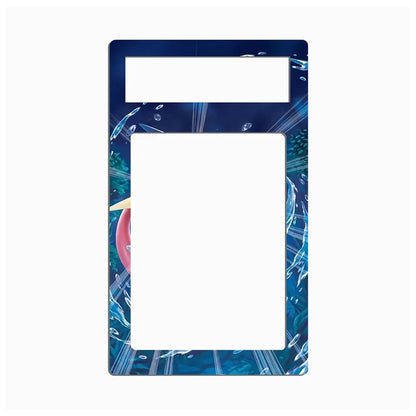 A rectangular decorative frame or plate with a large blank white center and a smaller blank white top section, surrounded by a blue abstract printed border featuring light rays, geometric lines, and a small pink shape.