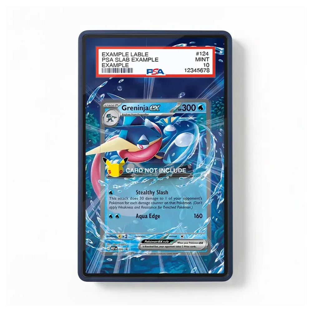 A framed or bordered card featuring a Pokémon trading card design with Greninja GX artwork and a PSA grading label example at the top, shown against a plain white background.