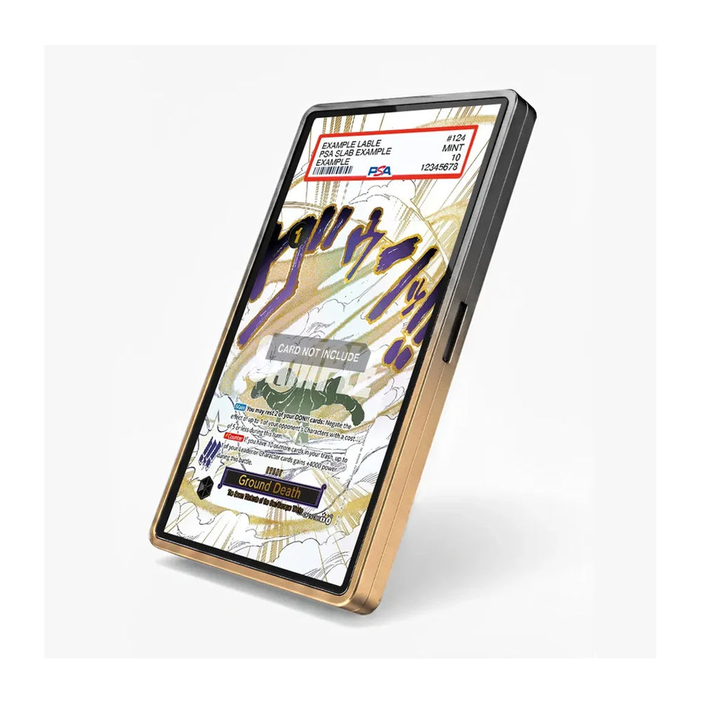 A smartphone shown at an angle with a gold-toned metallic frame and a black screen bezel, displaying a map-style interface with text and graphics. No person, animal, or real environment is present, so this is Product/Packaging rather than Lifestyle.