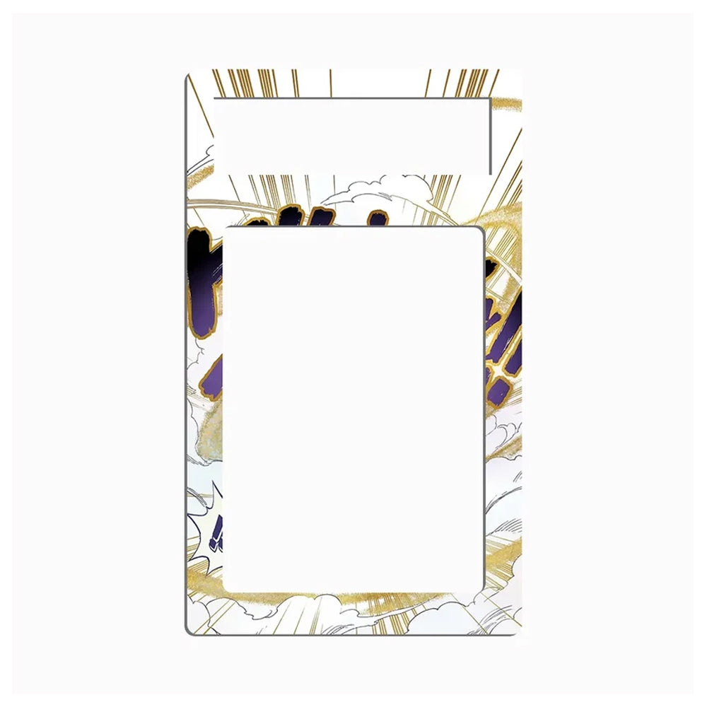 A decorative rectangular card or frame insert with a large blank white center and an abstract border featuring gold metallic-style lines, white brushstroke elements, and purple accents on a light gray background.