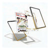 Three transparent smartphone screen replacement parts with black and gold bezels, displayed floating against a clean white background. One screen shows a sample card insert.