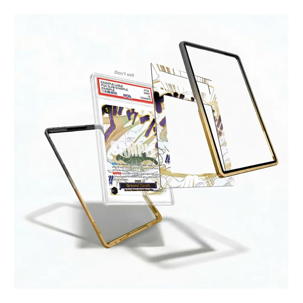 Three transparent smartphone screen replacement parts with black and gold bezels, displayed floating against a clean white background. One screen shows a sample card insert.