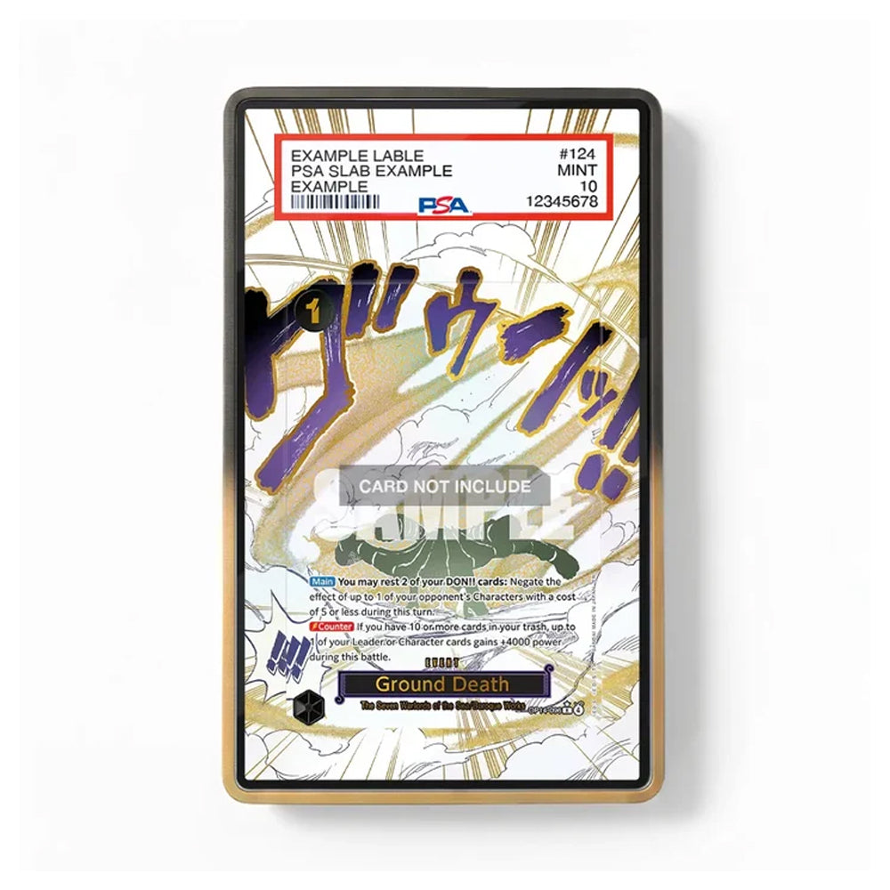 A collectible PSA certification card for a TCG slab, featuring a gold and white background with purple and blue graphic elements, a black border, and a clear protective sleeve.