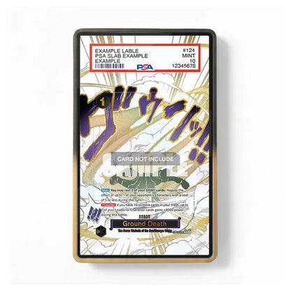 A collectible PSA certification card for a TCG slab, featuring a gold and white background with purple and blue graphic elements, a black border, and a clear protective sleeve.