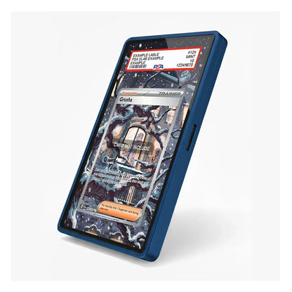 A blue protective phone case shown at an angle on a light gray background, displaying a custom printed sample design on the screen.