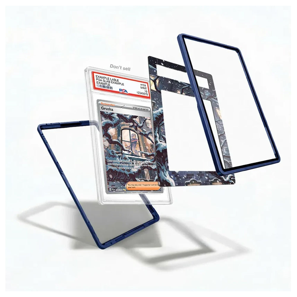 A set of custom framed art displays featuring a graded holographic card in a clear acrylic holder, surrounded by three floating dark blue frames with matching abstract artwork on the inner backings, set against a clean white background.