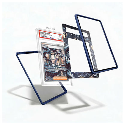 A set of custom framed art displays featuring a graded holographic card in a clear acrylic holder, surrounded by three floating dark blue frames with matching abstract artwork on the inner backings, set against a clean white background.