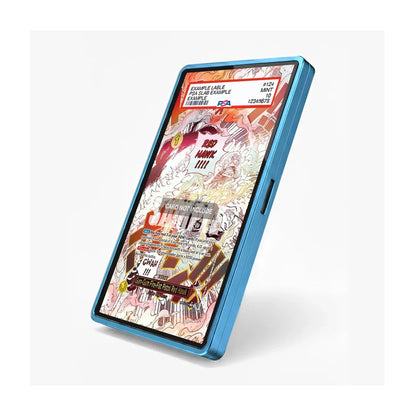 A blue protective phone case with a black inner bumper, shown at an angle on a light gray background. The screen displays a colorful comic book style graphic.