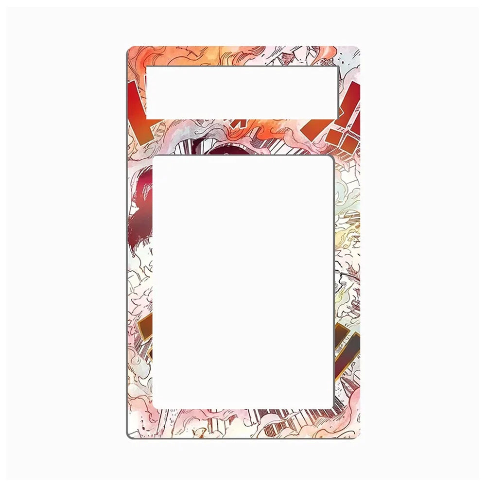 A rectangular decorative frame or mat with rounded corners, featuring a colorful abstract collage print in red, orange, pink, white, and black. The top section has a horizontal cutout, and the larger central section is a vertical cutout, leaving a solid white center area.