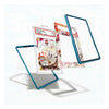 Three transparent acrylic display frames with metallic blue edges are arranged floating against a white background. The center frame contains a graded comic book slab, and the right frame is empty.