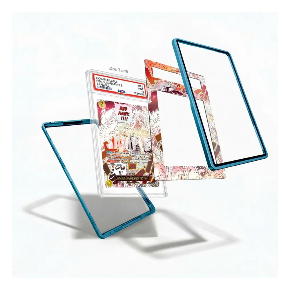 Three transparent acrylic display frames with metallic blue edges are arranged floating against a white background. The center frame contains a graded comic book slab, and the right frame is empty.