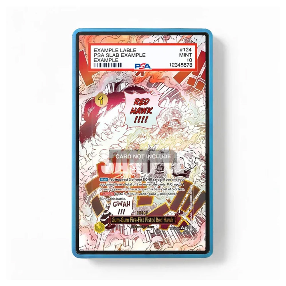 A PSA graded sample collectible card in a blue protective slab, featuring a comic-style illustration of a red manta effect. The slab has a white header at the top with a barcode and a clear 'PSA SLAB EXAMPLE' watermark overlay.