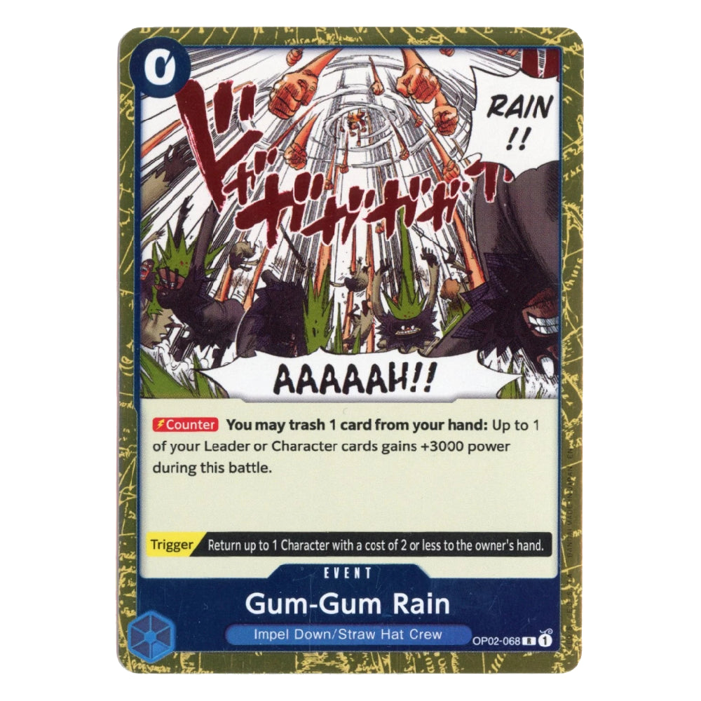 A single trading card titled "Gum-Gum Rain" with illustrated fantasy artwork, a blue header, and rules text blocks on a plain light background.