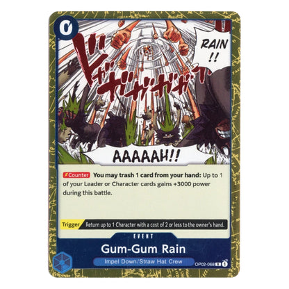 A single trading card titled "Gum-Gum Rain" with illustrated fantasy artwork, a blue header, and rules text blocks on a plain light background.