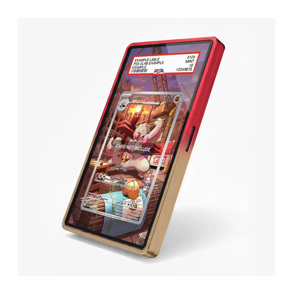 A smartphone case shown at an angle on a light gray background. The case has a red top section and a gold-toned lower section, with a transparent screen protector or glass panel covering the phone display.