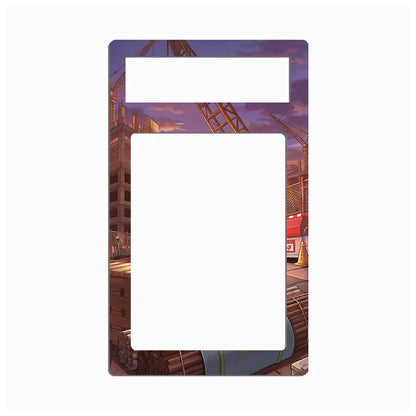 A rectangular mounting plate or cover with rounded corners, featuring a printed construction site illustration in purple, orange, and brown tones. Two large white rectangular cutouts are printed into the center of the plate.