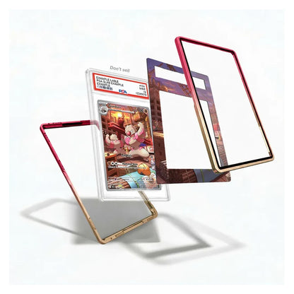 A set of transparent phone case frames with metallic rose gold and gold edges, shown floating around a graded collectible card on a clean white background.