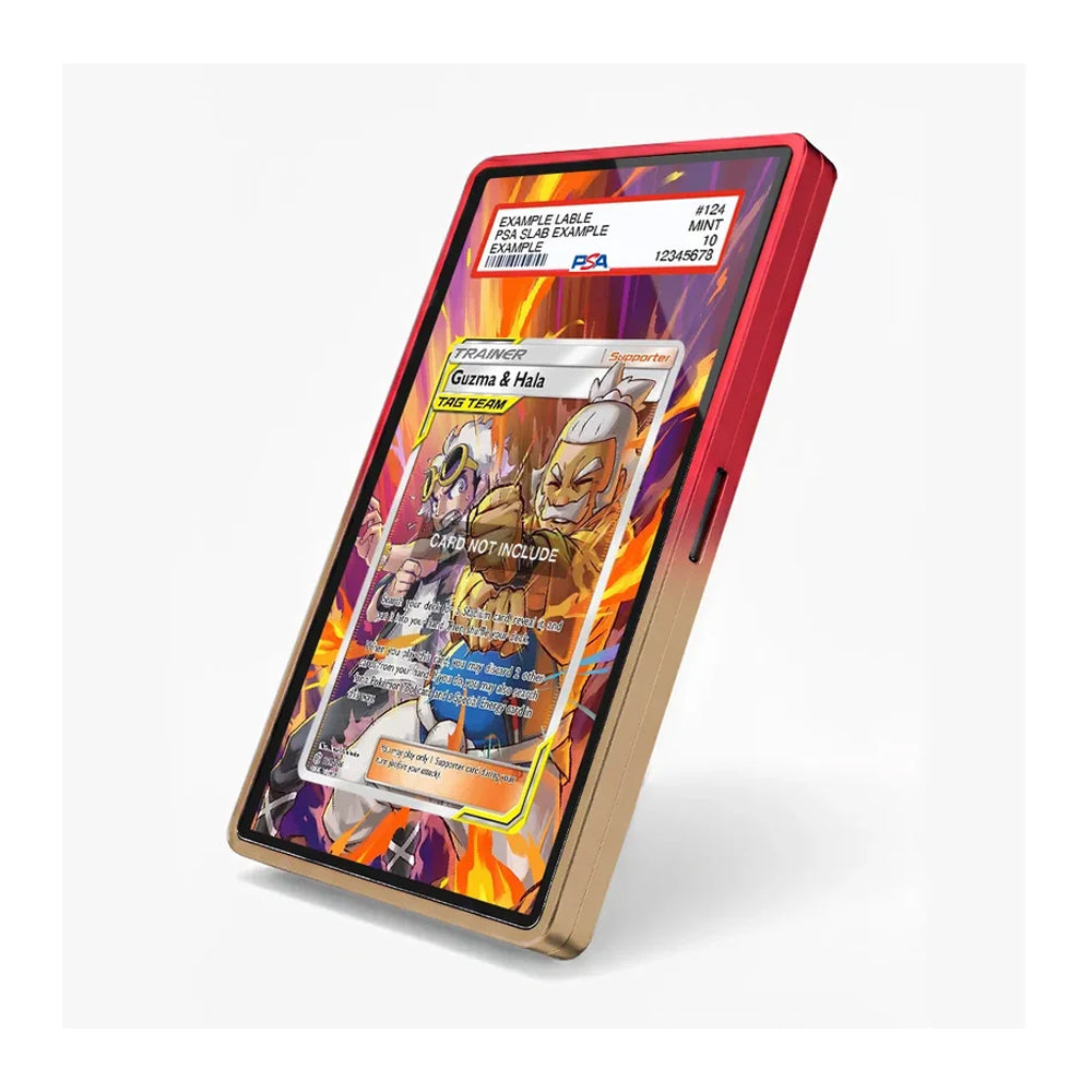 A smartphone shown at an angle with a red outer bumper and a gold inner bumper, displaying a colorful Pokémon trading card game screen. The phone is photographed on a clean white background.