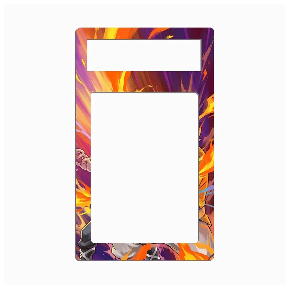 A rectangular metal plate with rounded corners, featuring a colorful anime-style illustration in purple, orange, and yellow around the border, with two blank white rectangular cutouts near the top.