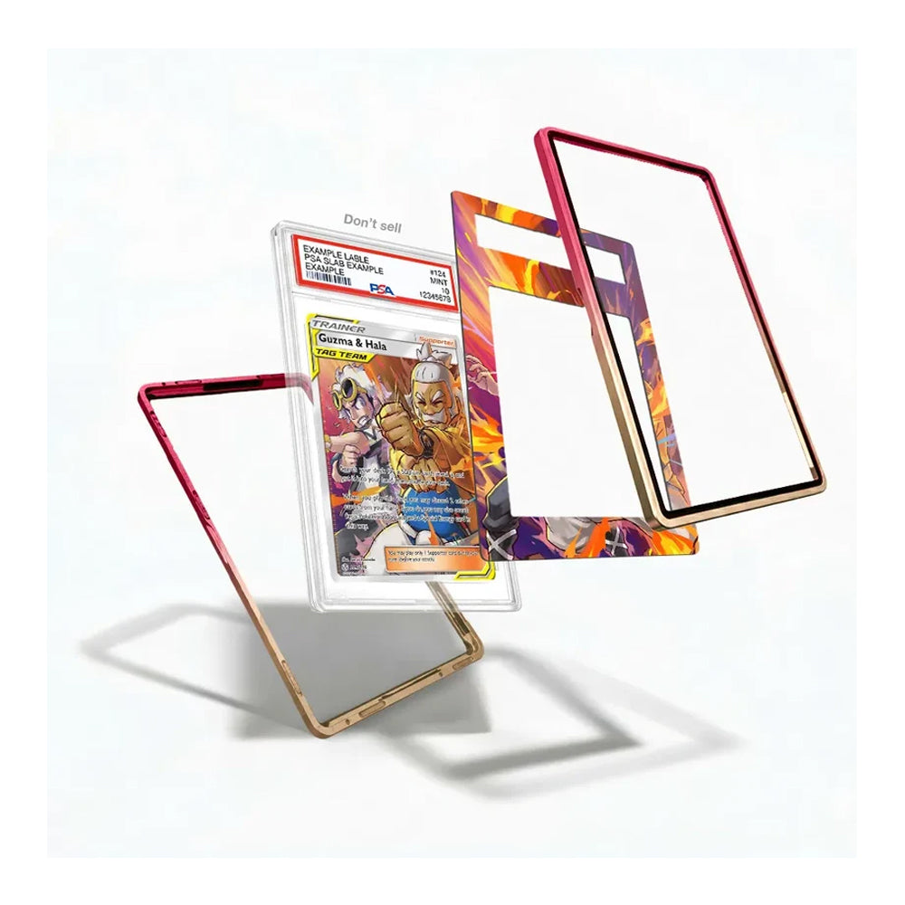 Three clear acrylic card protectors with colorful printed borders are displayed on a white background, with one protector shown holding a graded Pokémon TCG card.