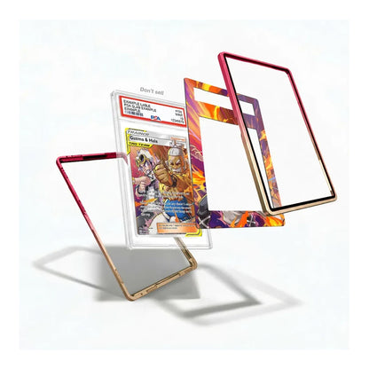 Three clear acrylic card protectors with colorful printed borders are displayed on a white background, with one protector shown holding a graded Pokémon TCG card.