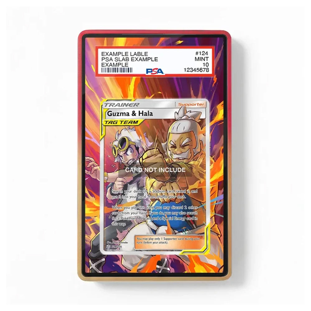 A PSA-certified sample slab containing a holographic Pokémon trading card, shown against a clean white background. The slab features a red outer border and a gold-colored inner frame, showcasing a sample card of Guzma & Hala with a holographic overlay and a placeholder label at the top.