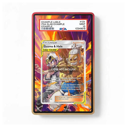A PSA-certified sample slab containing a holographic Pokémon trading card, shown against a clean white background. The slab features a red outer border and a gold-colored inner frame, showcasing a sample card of Guzma & Hala with a holographic overlay and a placeholder label at the top.