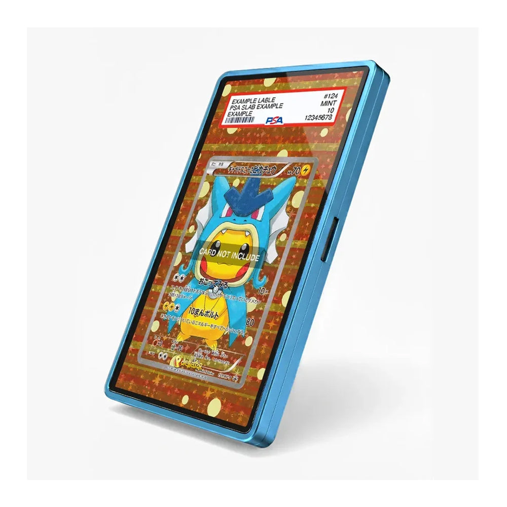 A blue protective phone case shown at an angle, displaying a colorful screen with a Pokémon card graphic. The case has a side button cutout and is photographed on a clean white background.