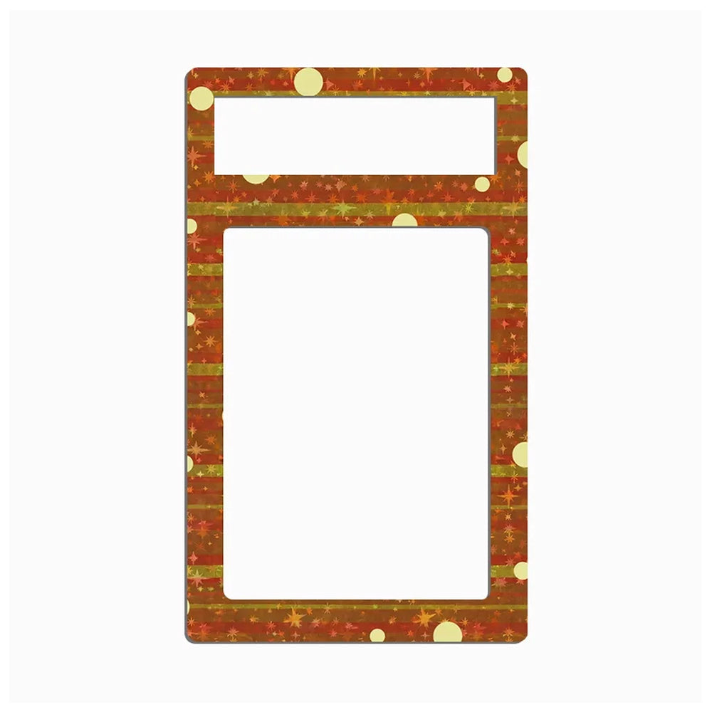 A decorative rectangular frame or border with two large cutouts, featuring a warm red-brown background with horizontal gold stripes, small gold stars, and scattered gold dots on a light gray background.