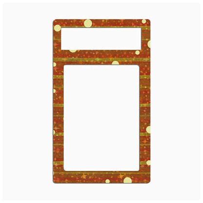 A decorative rectangular frame or border with two large cutouts, featuring a warm red-brown background with horizontal gold stripes, small gold stars, and scattered gold dots on a light gray background.